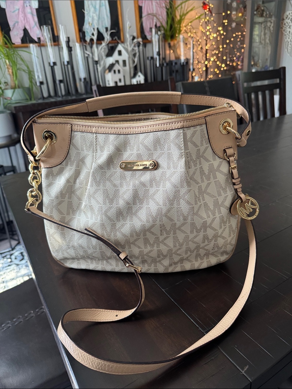 Michael Kors Taupe Logo Canvas Shoulder Bag with Gold Hardware